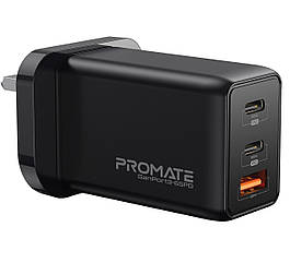 Мережевий зарядний пристрій Promate GaNPort3-65PD 65 Вт, 2хUSB-C + USB-A UK Black (ch_ganport3-65pd.black)