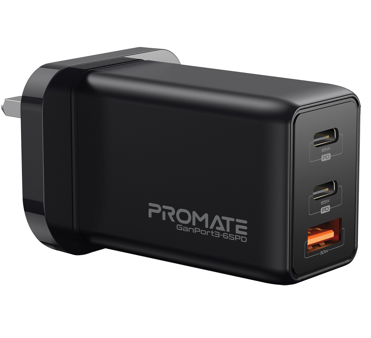 Мережевий зарядний пристрій Promate GaNPort3-65PD 65 Вт, 2хUSB-C + USB-A UK Black (ch_ganport3-65pd.black)