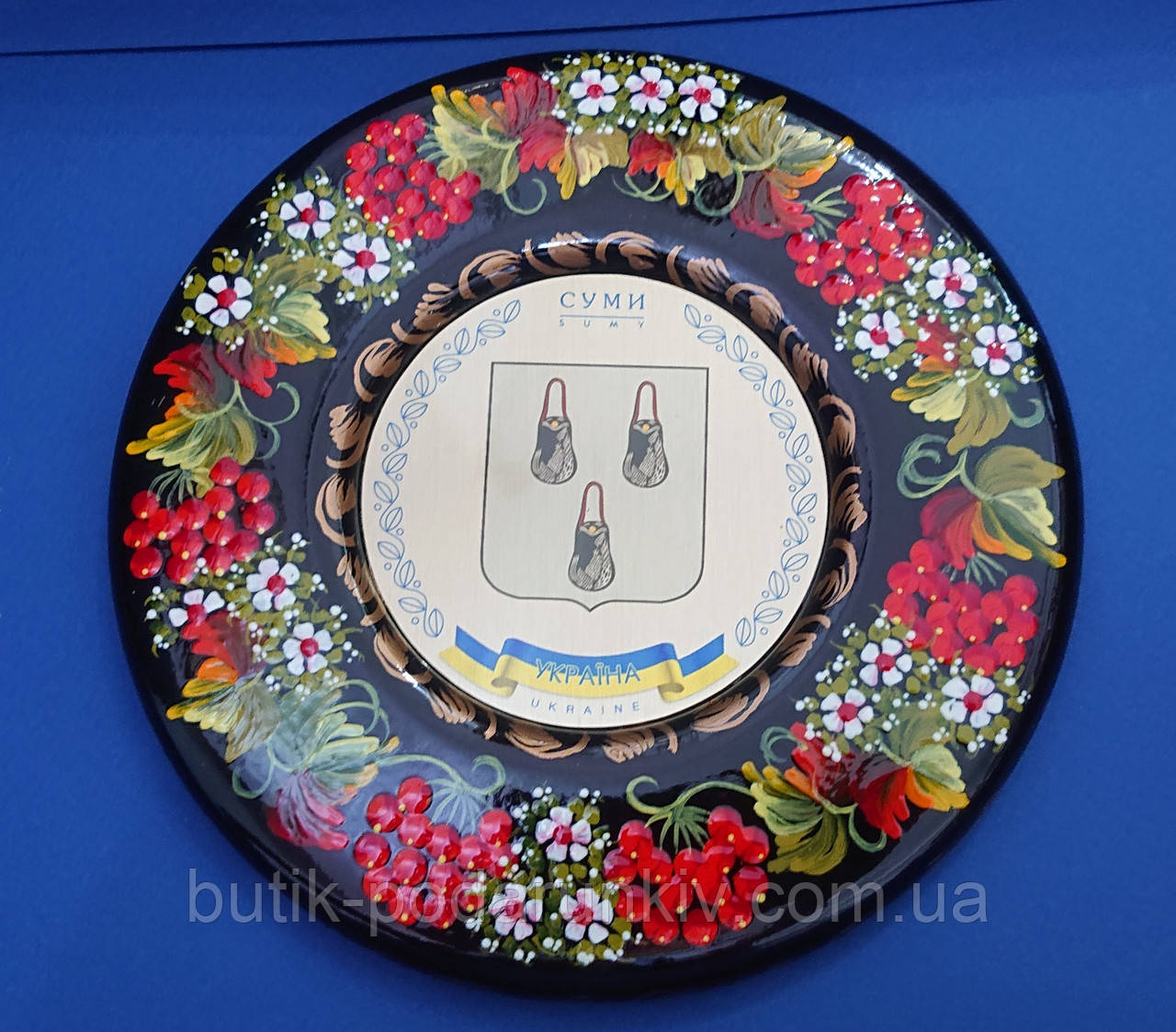 Тарелка настенная деревянная диаметр 17 см с петриковской росписью "Герб Сумы " - фото 3 - id-p1502025185