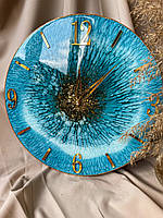 Настінний годинник з епоксидної смоли на стіну бірюзові з білим ззолотом арабські цифри