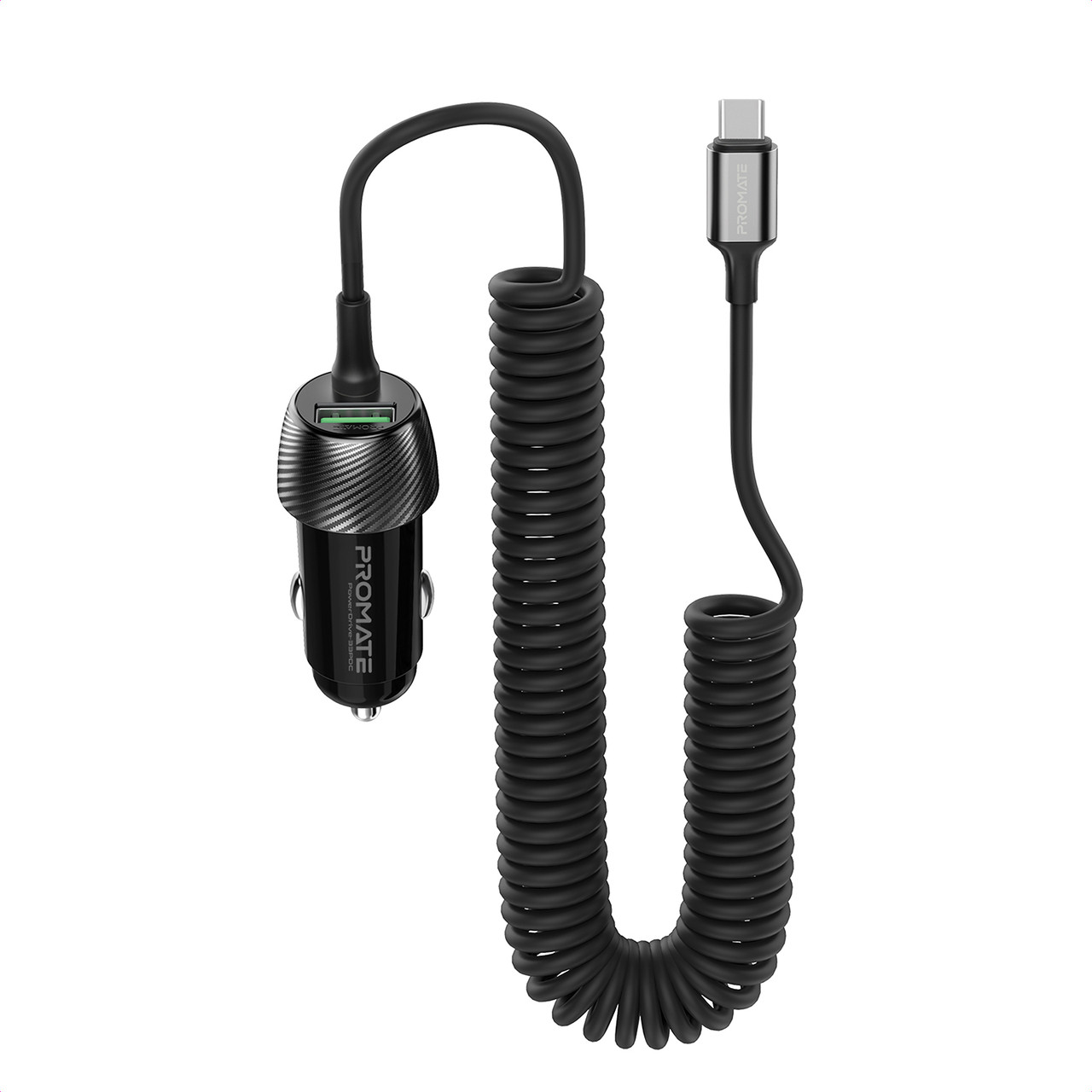Автомобільний зарядний пристрій Promate PowerDrive-33PDC, 33 Вт, USB-C кабель + USB-A порт Black (powerdrive-33pdc.black)
