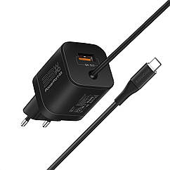 Мережевий зарядний пристрій Promate PowerPort-PDQC3 33 Вт USB-A порт + USB-C кабель Black