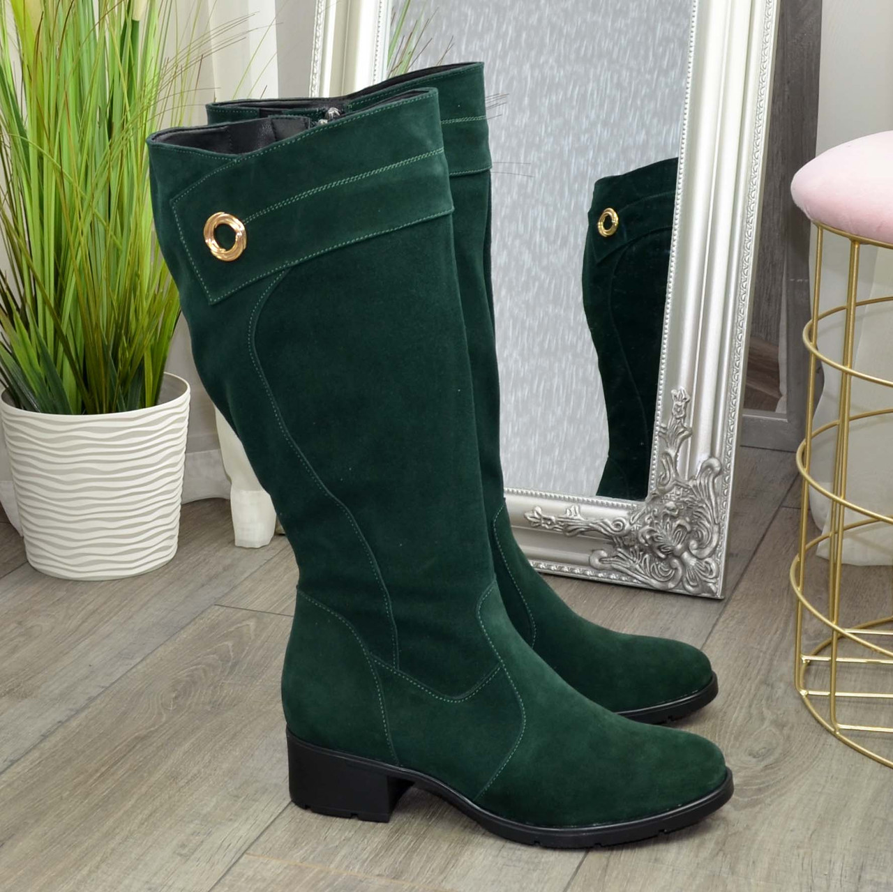 Зелений колір сапоги на малому підборі, фото 1