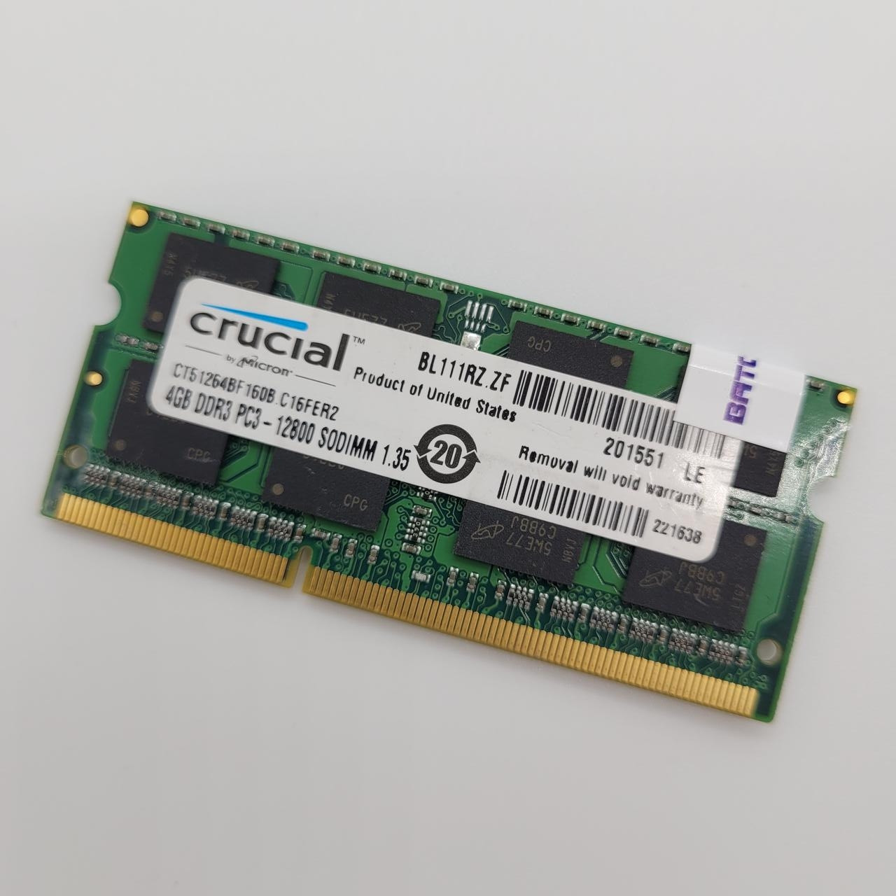 Оперативна пам'ять для ноутбука Crucial SODIMM DDR3L 4Gb 1600MHz 12800S 2Rx8 CL11 (CT51264BF160B.C16FER2) Б/У