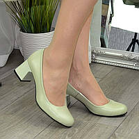 Туфли женские кожаные на устойчивом каблуке. Цвет оливка. 38 размер
