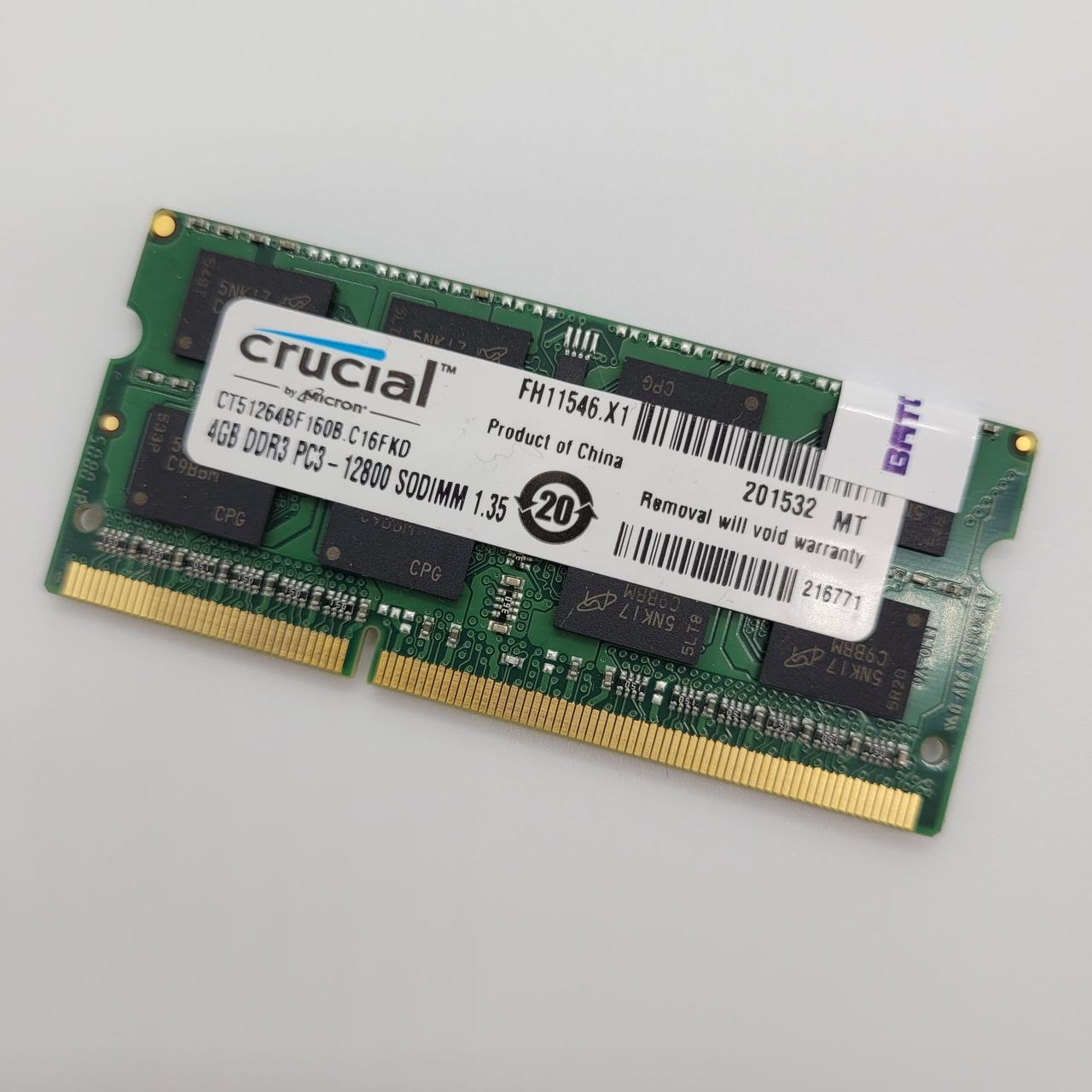 Оперативна пам'ять для ноутбука Crucial SODIMM DDR3L 4Gb 1600MHz 12800S 2Rx8 CL11 (CT51264BF160B.C16FKD) Б/У