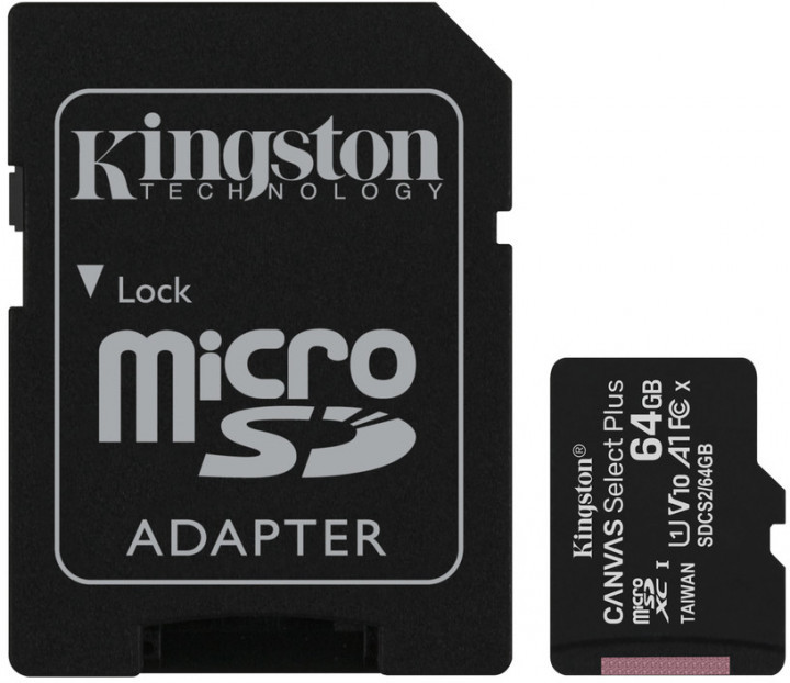 Карта памяти Kingston microSDHC 64Gb Canvas Select Plus Class 10 (R-100MB/s) (adapter) (SDCS2/64)