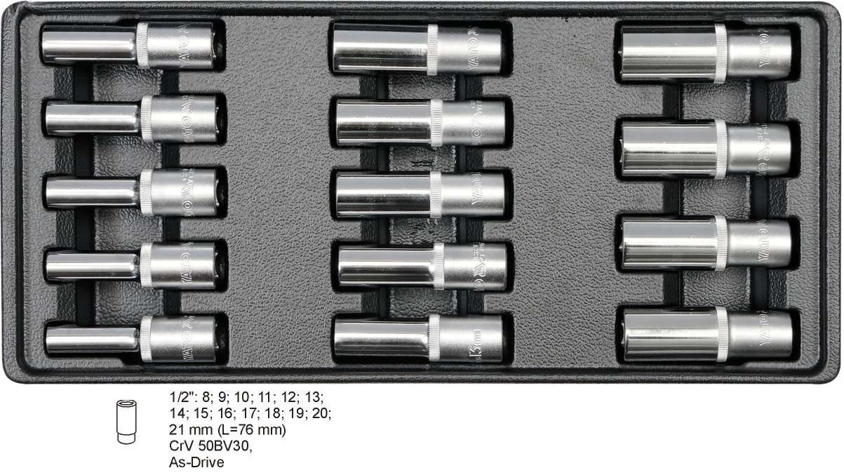 Ложемент з набором подовжених головок 1/2" 14 предметів YATO YT-5539