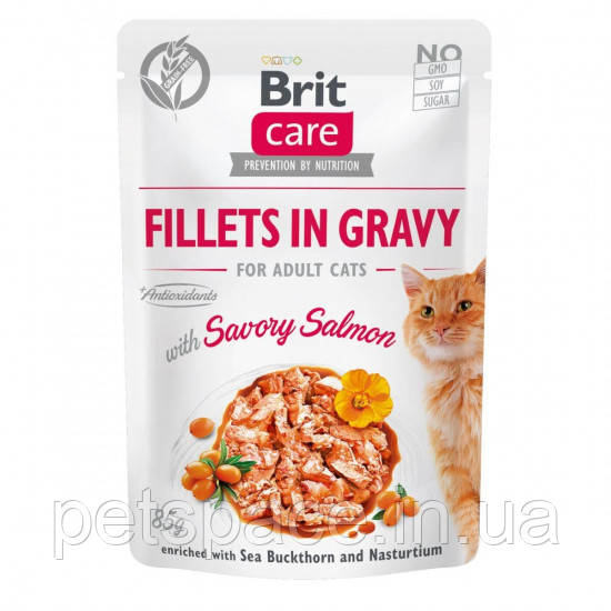 Вологий корм Brit Care Savory Salmon Fillet in Grevy (Бріт Кеа для котів з лососем в соусі) 85г