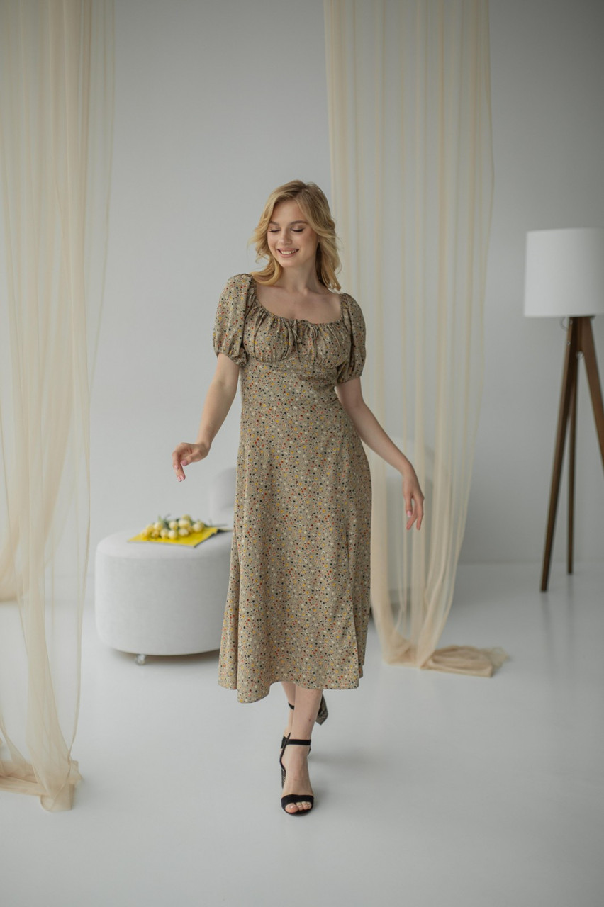 Сукня Hardy штапель короткий рукав міді розріз блискавка 52 бежева, фото 1