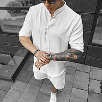 Мужская рубашка льняная приталенная с длинным рукавом, однотонная мужская рубашка на кнопках белая