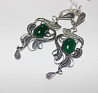 Крупные серебряные серьги подвески женские с зелеными камнями "Анжелика" Сережки висюльки серебро
