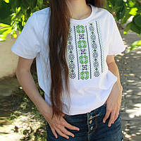 Женская футболка вышиванка белого цвета с зелёным орнаментом лётная молодежная, Ладан