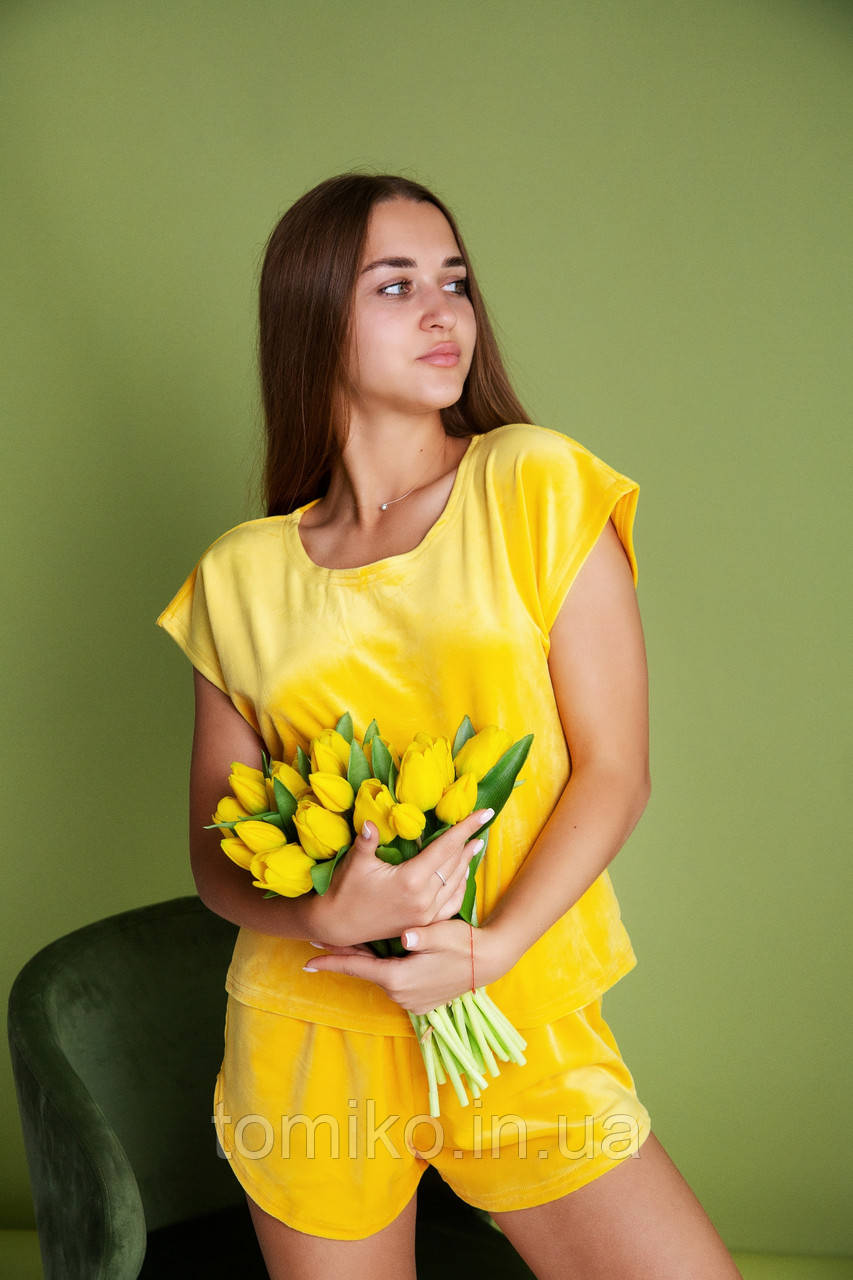 Жіноча піжама з велюру. Домашній костюм жіночий жовтий, фото 1