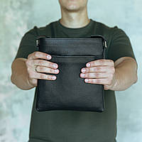 Мужская сумка мессенджер через плечо кожаная каркасная вместительная качественная, черная