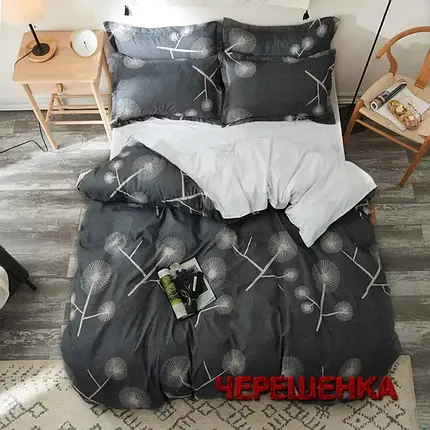 Тканина для постільної білизни Бязь "Gold" Lux GL1565A (50м) кульбаби на темно-сірому, фото 1