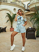 Летний женский костюм шорты с футболкой /костюм Украина (в комбинации с шортами) Артикул 451 цвет шалфей