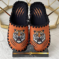 Мужские тапочки домашние войлочные тапки с закрытым носком ручной работы с Тигром оранжевые 46/47, черый