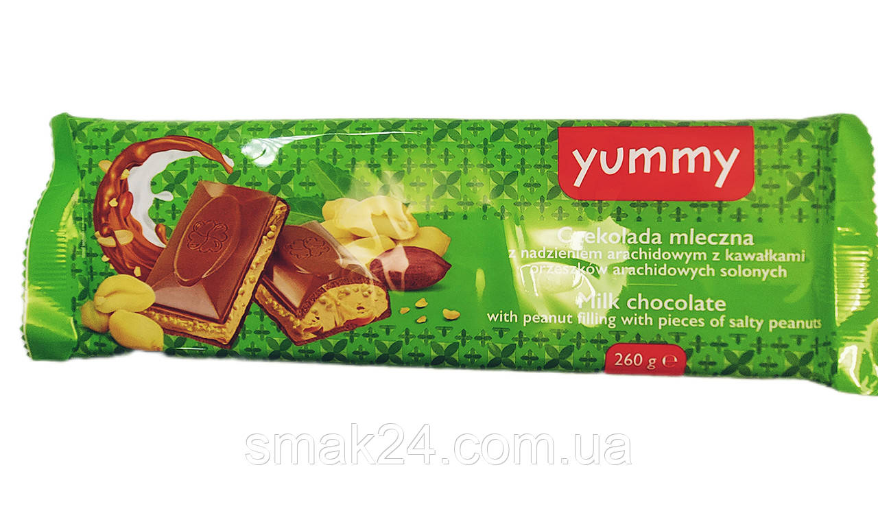 Шоколад молочный с арахисовой начинкой и кусочками соленого арахиса YUMMY 260г Польша - фото 1 - id-p1641474561