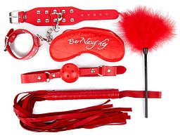 КОМПЛЕКТ (наручники, маска, кляп, плеч, щіточка з пухом) колір червоний