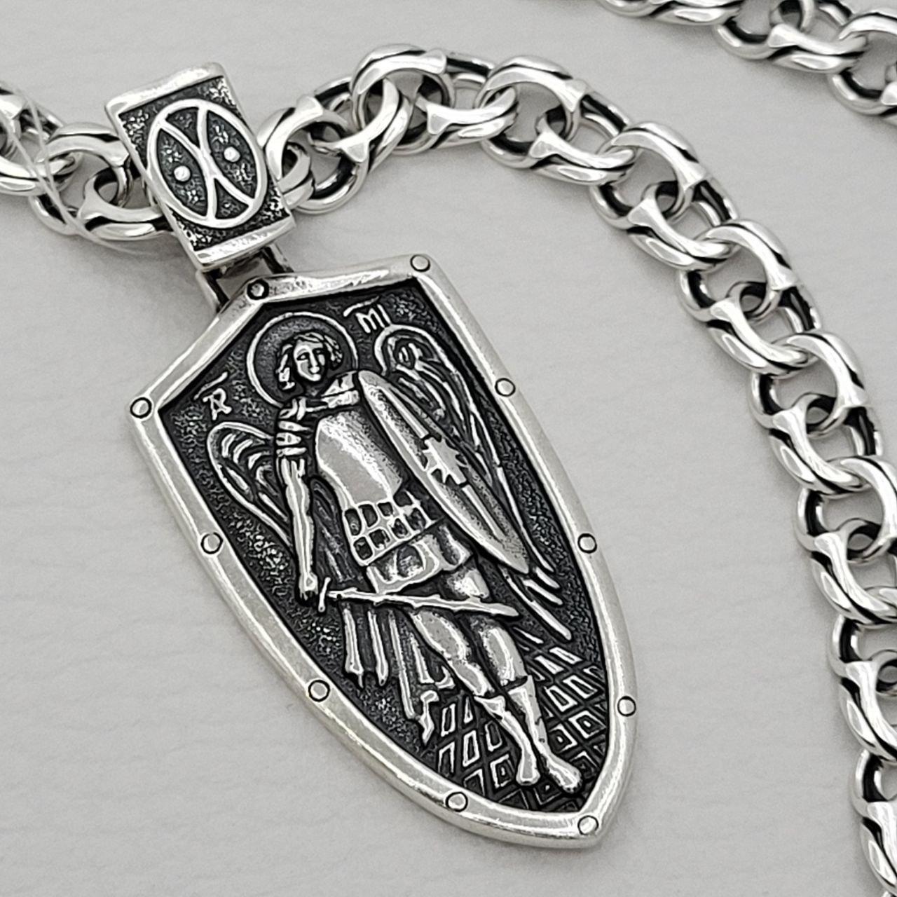 Срібний підвіс Святий Михаїл на щиті та ланцюжок бісмарк масивний комплект срібло 925 проба ланцюг з кулоном