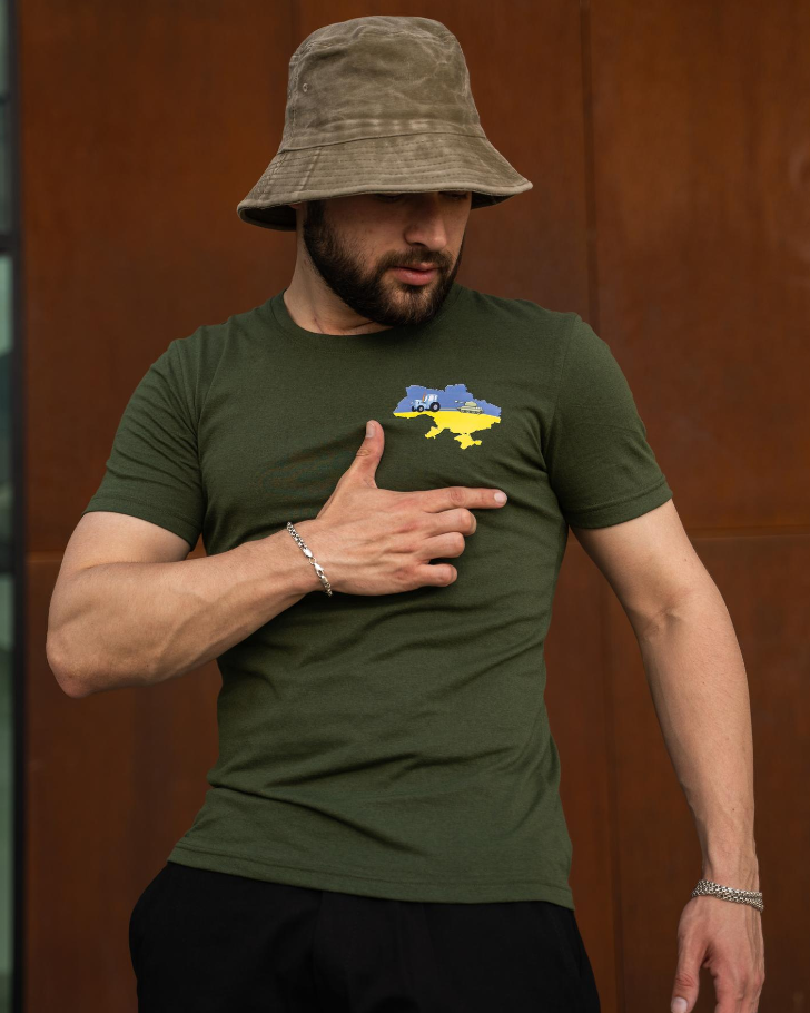 Модна стильна чоловіча патріотична футболка для повсякденного носіння з Українською символікою хакі, фото 1