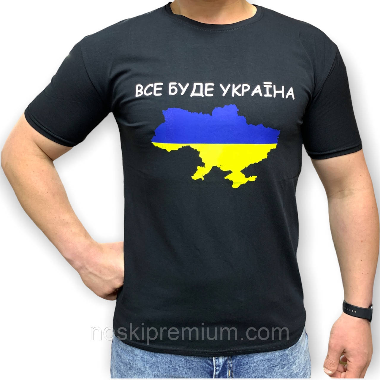 Футболка чоловіча стрейчова "Все буде Україна", Туреччина, розміри S-2XL, чорна, 01194
