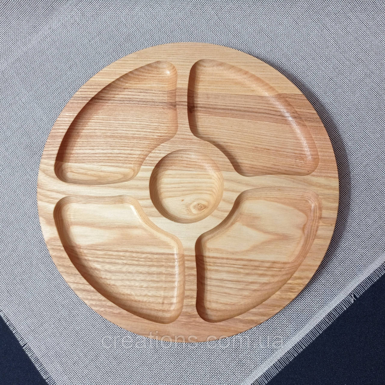 Дошка для подачі страв кругла на 5 секцій двостороння з ясеня, фото 1