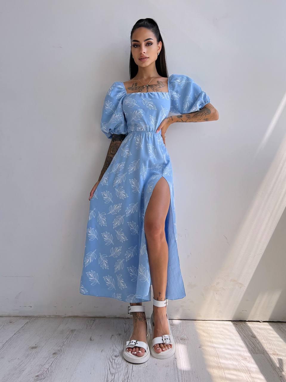 Розкішне жіноче плаття міді з трендовою шнурівкою на спині і об'ємними рукавами ніжний принт Smb7411