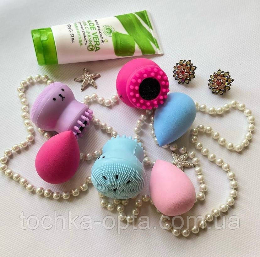 Силіконова щіточка Медуза плюс спонж для очищення пор і масажу обличчя, фото 1