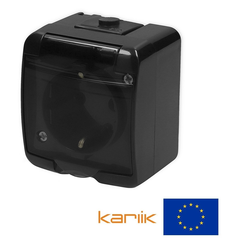 Розетка 1-а IP54 Karlik JUNIOR 12GHE-1sd чорна з заземленням прозорою кришкою зовнішня 16А 250В (вологозахищена)