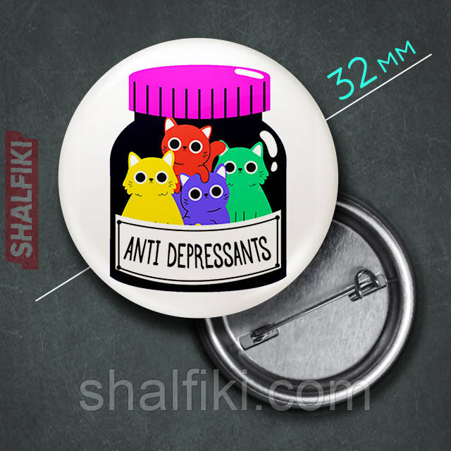"Баночка с котами Antidepressants" значок круглий на булавці Ø32 мм, фото 1