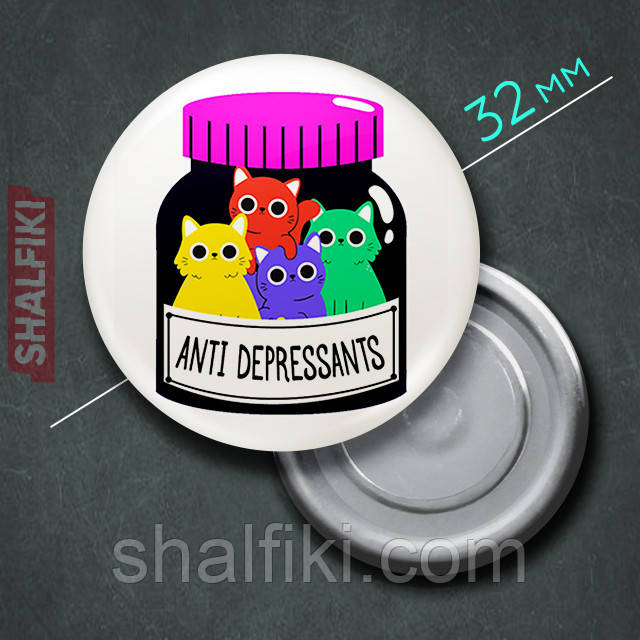 "Баночка с котами Antidepressants" магніт круглий Ø32 мм, фото 1