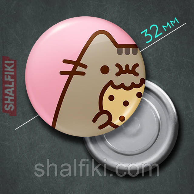 "Кіт Пушин з печивом / Pusheen" магніт круглий Ø32 мм, фото 1