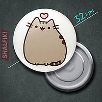 "Кот Пушин с сердечком / Pusheen" магнит круглый Ø32 мм