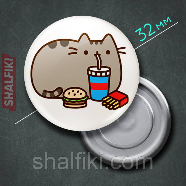 "Кіт Пушин з фастфудом / Pusheen" магніт круглий Ø32 мм, фото 1