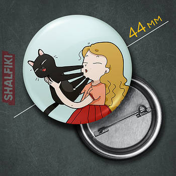 "Дівчина з котом" значок круглий на булавці Ø44 мм