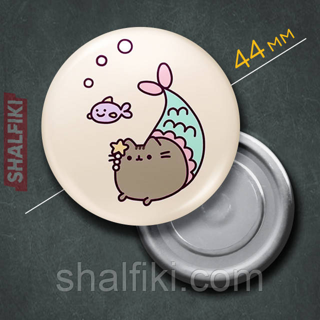 "Кіт Пушин русалка / Pusheen" магніт круглий Ø44 мм, фото 1