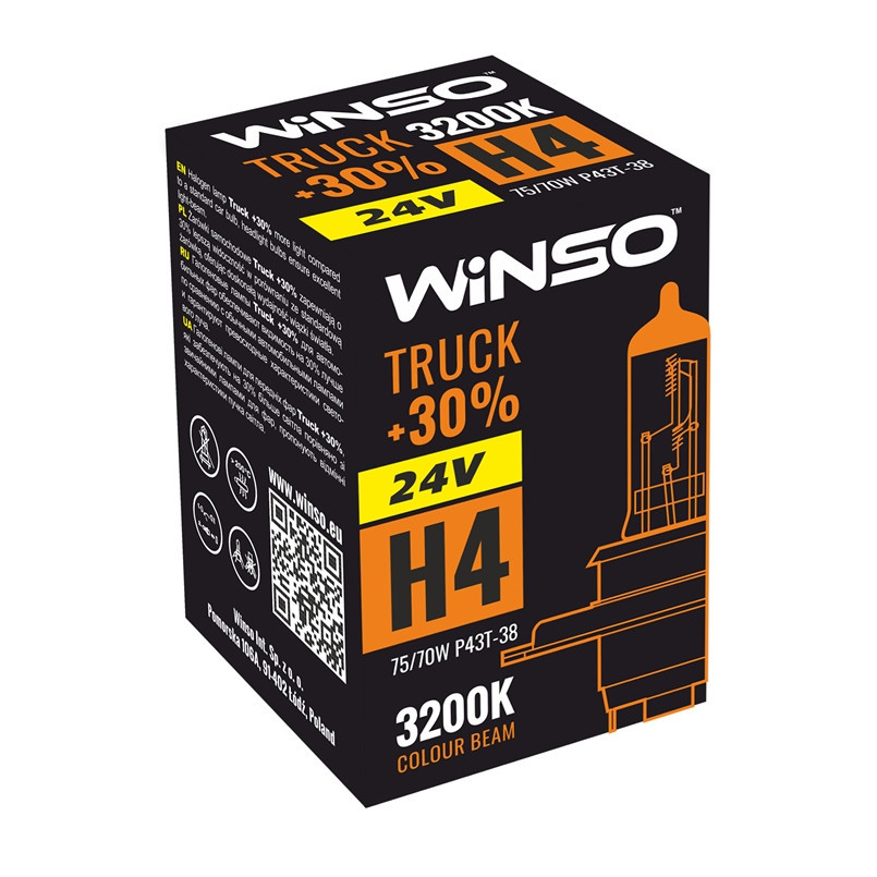 Автолампи Winso 24V H4 TRUCK +30% 75/70W P43t-38