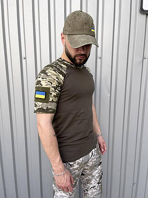 Чоловіча армійська футболка тактична піксел ЗСУ з шивронами Розміри: від S до XXL