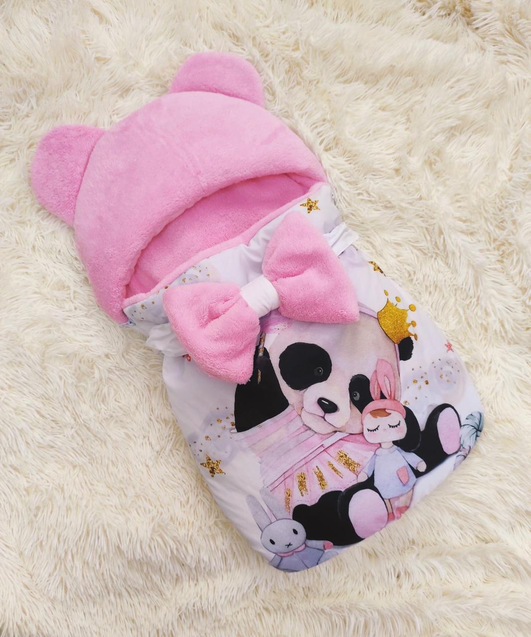 Спальник для новонароджених дівчаток, "Панда" рожевий, махра + плащівка