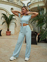 Летний женский костюм штаны с топом /костюм с брюками с высокой талией Артикул 450 цвет светлый шалфей