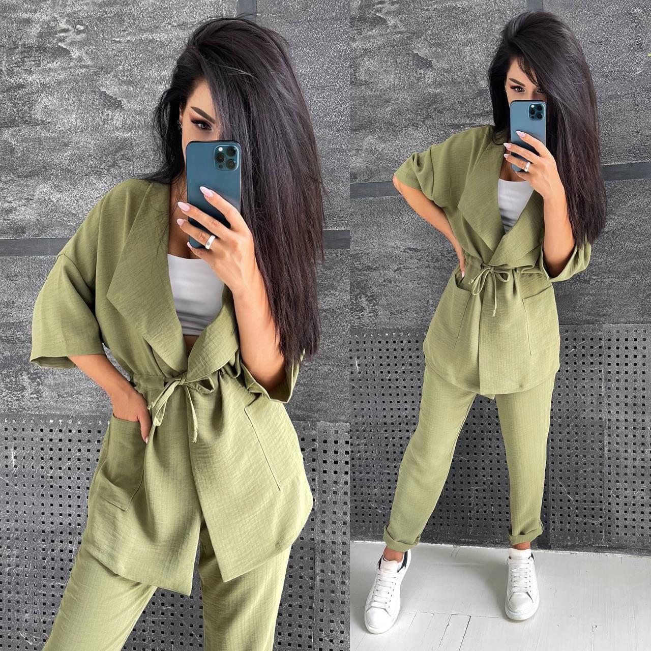 Костюм жіночий літній штани та вільна кофта з поясом, фото 1