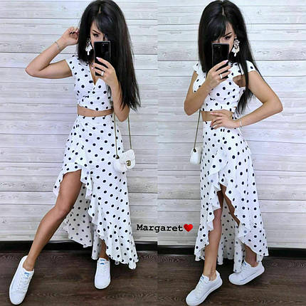 Літній костюм короткий топ і спідниця на захід у горошок льон, фото 1