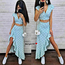 Літній костюм короткий топ і спідниця на захід у горошок льон, фото 5