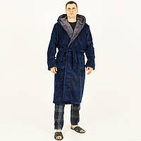 Теплый мужской махровый халат синего цвета с серым воротником, размер S (46) - 6XL(62-64) 2XL (54)