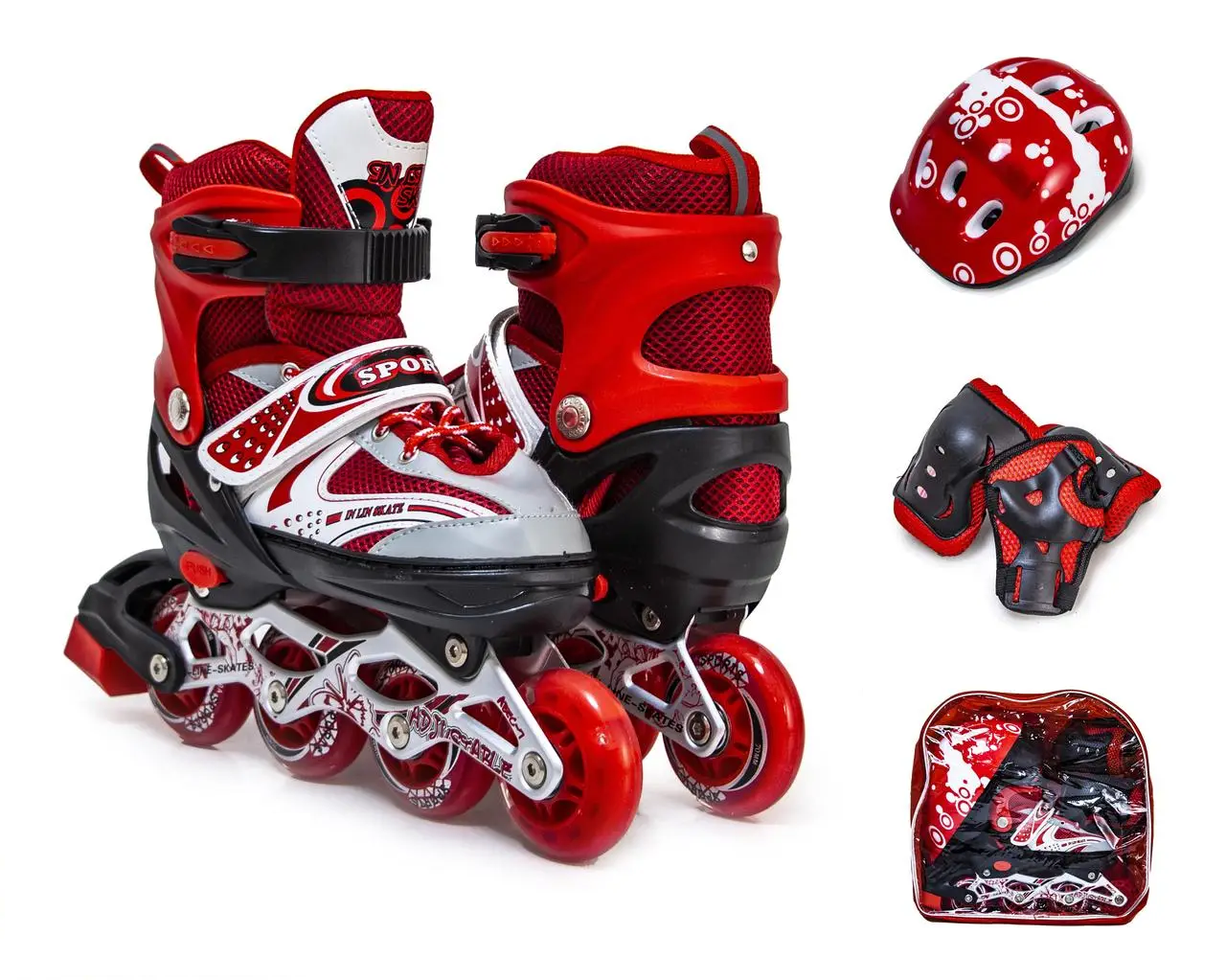 Ролики дитячі із захистом та шоломом Happy. Червоний набір. Розмір 34-38, фото 1