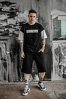 Модный мужской летний комплект oversize футболка+шорты черный с серым - 2XL-3XL