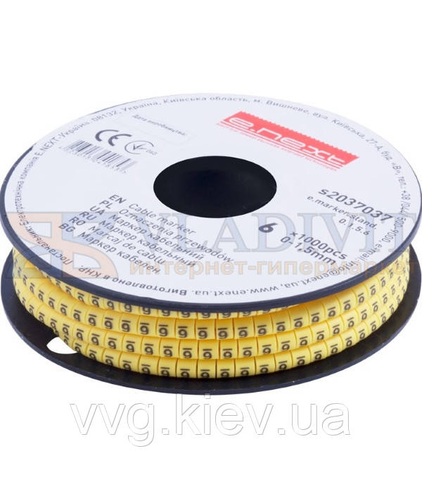 Маркер кабельний e.marker.stand.0.1.5.6, 0-1,5 кв.мм, "6", 1000 шт, E.NEXT (s2037037)