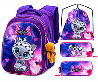 Рюкзак набор пенал сумка ортопедический школьный фиолетовый для девочки в 1-4 класс Котик SkyName R1-020